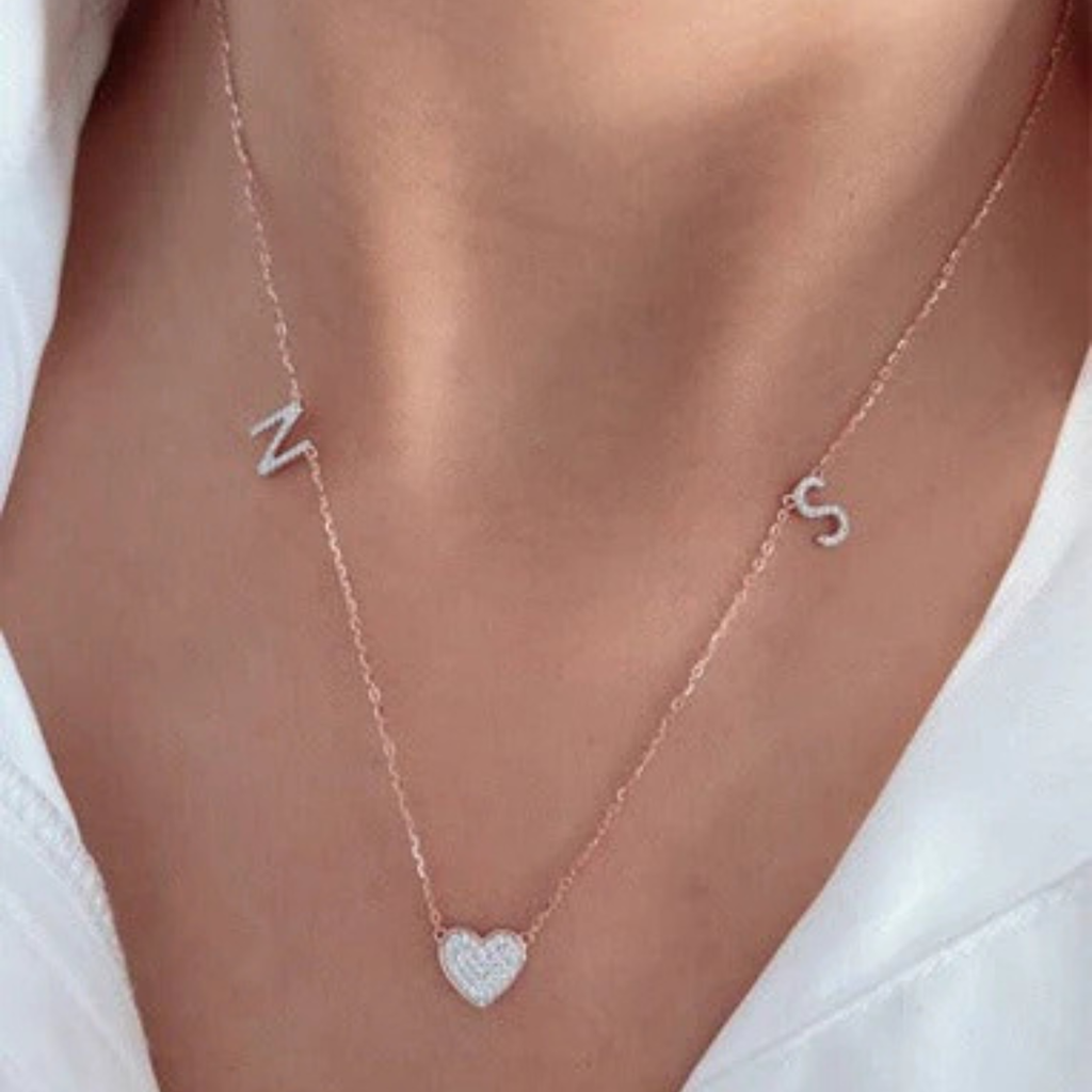 Two Gold Initials with Heart Necklace