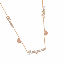 Load image into Gallery viewer, Three Names, Two Gold Hearts Necklace
